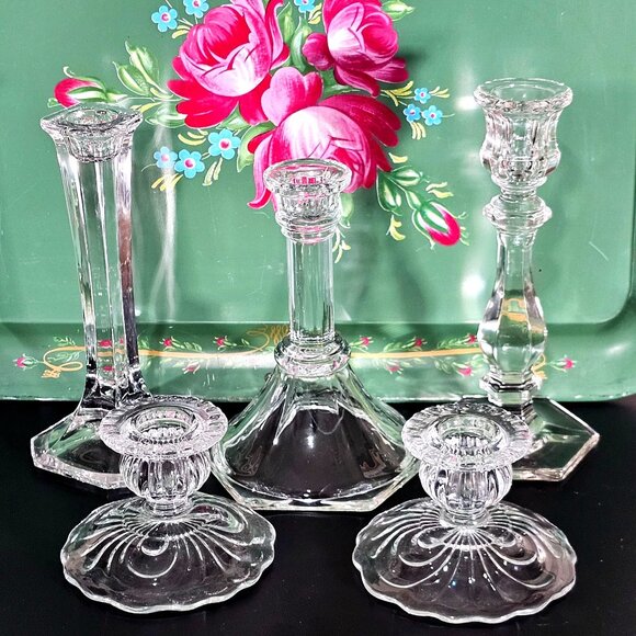 vtg assorted crystal candlesticks lot/5 taper glass holders wedding decor tables - Picture 1 of 6